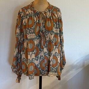 Ulla Johnson sz 12 Anita Blouse Nimbus Orange and Cream Patterned Blouse